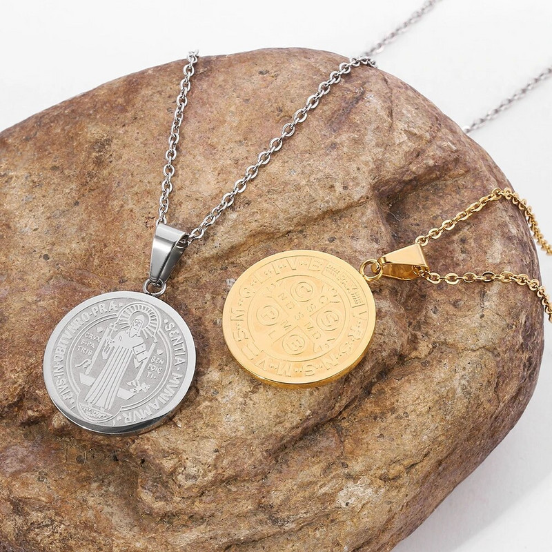 Klasična ogrlica s privjeskom s medaljom svetog Benedikta Žene Muškarci Ogrlica s biblijskim križem od nehrđajućeg čelika Kršćanski vjerski nakit