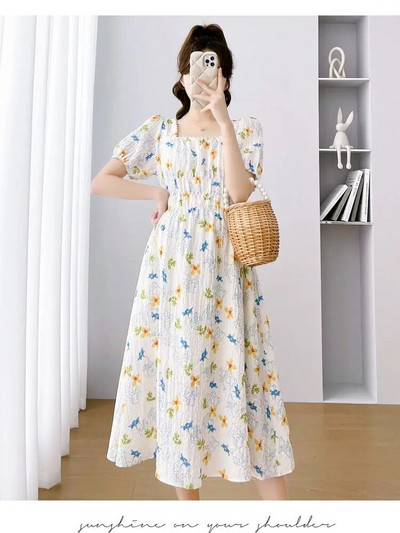 Zaļa, rozā ziedu kleita grūtniecēm ar uzmavām piedurknēm Modes apdruka Grūtniecei Šifona kleita Grūtniecība Svētku Apģērbs Salds