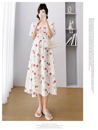 Zaļa, rozā ziedu kleita grūtniecēm ar uzmavām piedurknēm Modes apdruka Grūtniecei Šifona kleita Grūtniecība Svētku Apģērbs Salds