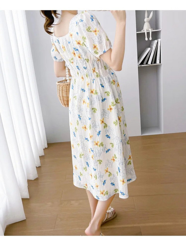 Zaļa, rozā ziedu kleita grūtniecēm ar uzmavām piedurknēm Modes apdruka Grūtniecei Šifona kleita Grūtniecība Svētku Apģērbs Salds