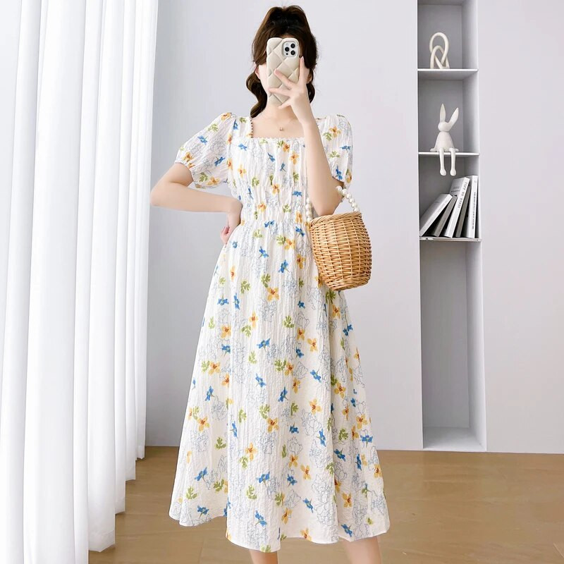 Zaļa, rozā ziedu kleita grūtniecēm ar uzmavām piedurknēm Modes apdruka Grūtniecei Šifona kleita Grūtniecība Svētku Apģērbs Salds