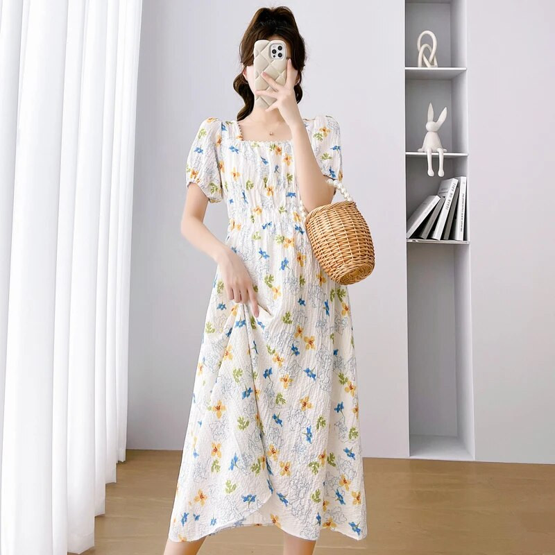 Zaļa, rozā ziedu kleita grūtniecēm ar uzmavām piedurknēm Modes apdruka Grūtniecei Šifona kleita Grūtniecība Svētku Apģērbs Salds