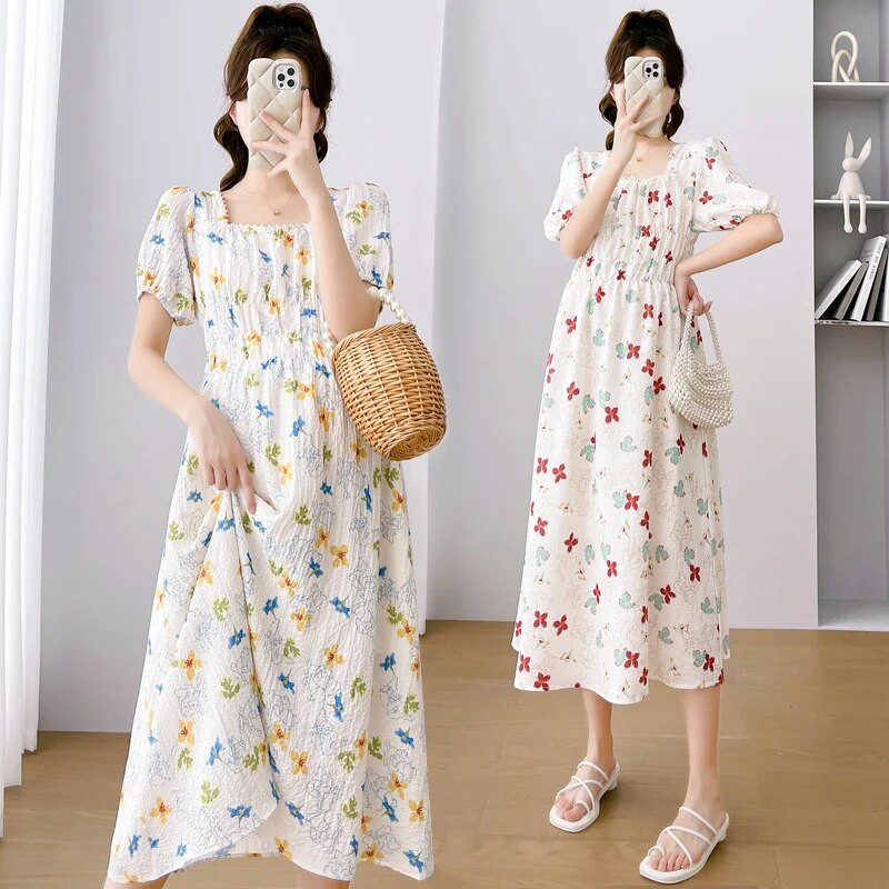 Zaļa, rozā ziedu kleita grūtniecēm ar uzmavām piedurknēm Modes apdruka Grūtniecei Šifona kleita Grūtniecība Svētku Apģērbs Salds