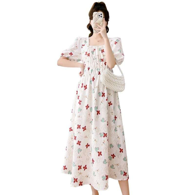 Zaļa, rozā ziedu kleita grūtniecēm ar uzmavām piedurknēm Modes apdruka Grūtniecei Šifona kleita Grūtniecība Svētku Apģērbs Salds