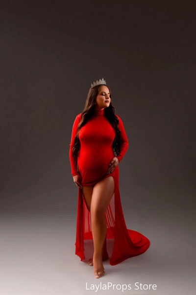 Trudničke haljine za foto-fotografiju, maksi dugi uz tijelo, seksi mrežasta patchwork haljina s visokim bočnim razdjeljkom, crna dolčevita bez leđa