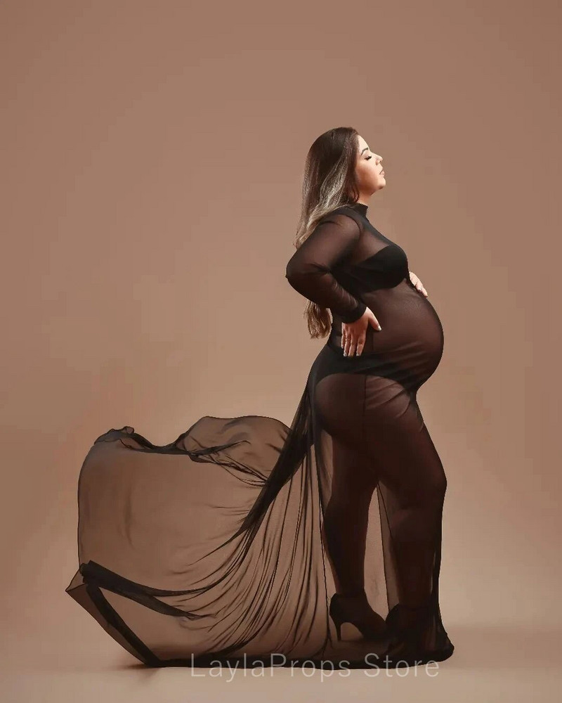 Trudničke haljine za foto-fotografiju, maksi dugi uz tijelo, seksi mrežasta patchwork haljina s visokim bočnim razdjeljkom, crna dolčevita bez leđa