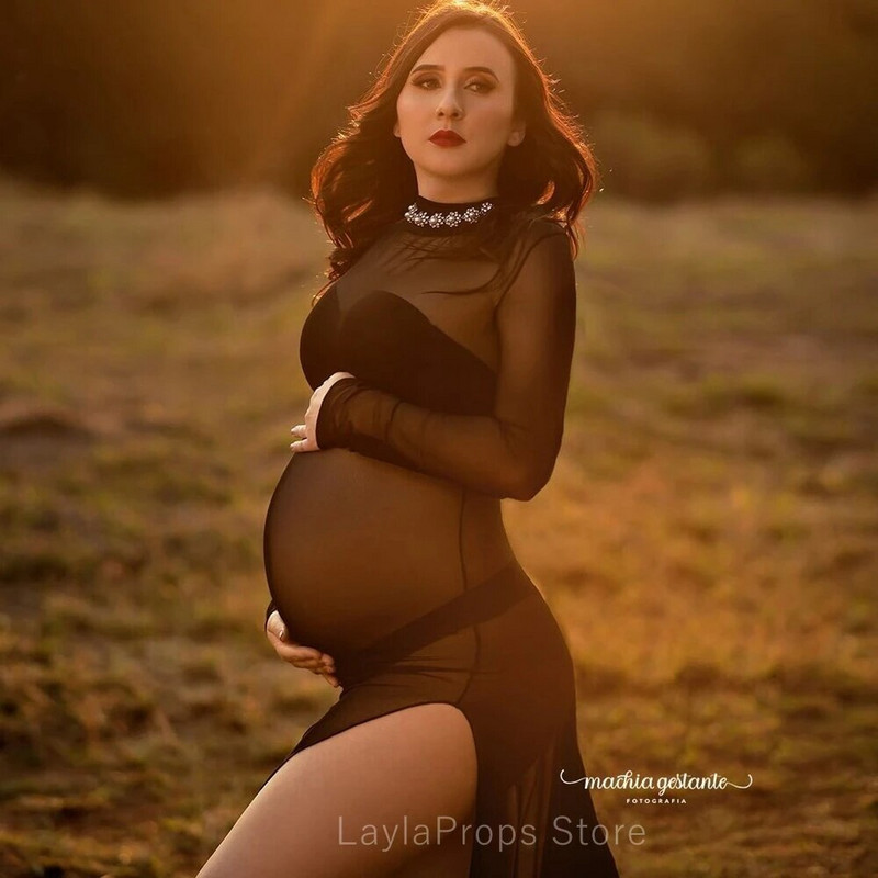 Trudničke haljine za foto-fotografiju, maksi dugi uz tijelo, seksi mrežasta patchwork haljina s visokim bočnim razdjeljkom, crna dolčevita bez leđa