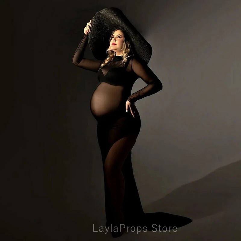 Trudničke haljine za foto-fotografiju, maksi dugi uz tijelo, seksi mrežasta patchwork haljina s visokim bočnim razdjeljkom, crna dolčevita bez leđa