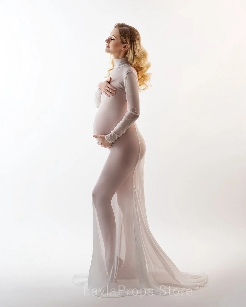 Trudničke haljine za foto-fotografiju, maksi dugi uz tijelo, seksi mrežasta patchwork haljina s visokim bočnim razdjeljkom, crna dolčevita bez leđa