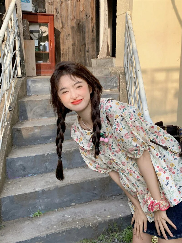 Korejski stil Petar Pan kragna Trudničke cvjetne košulje kratkih rukava Modni print Bluze za trudnice Plisirane široke majice