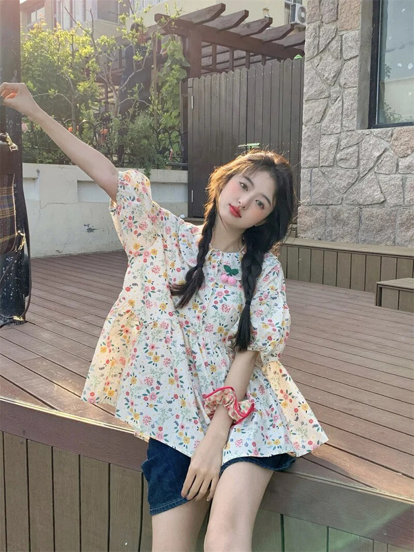 Korejski stil Petar Pan kragna Trudničke cvjetne košulje kratkih rukava Modni print Bluze za trudnice Plisirane široke majice