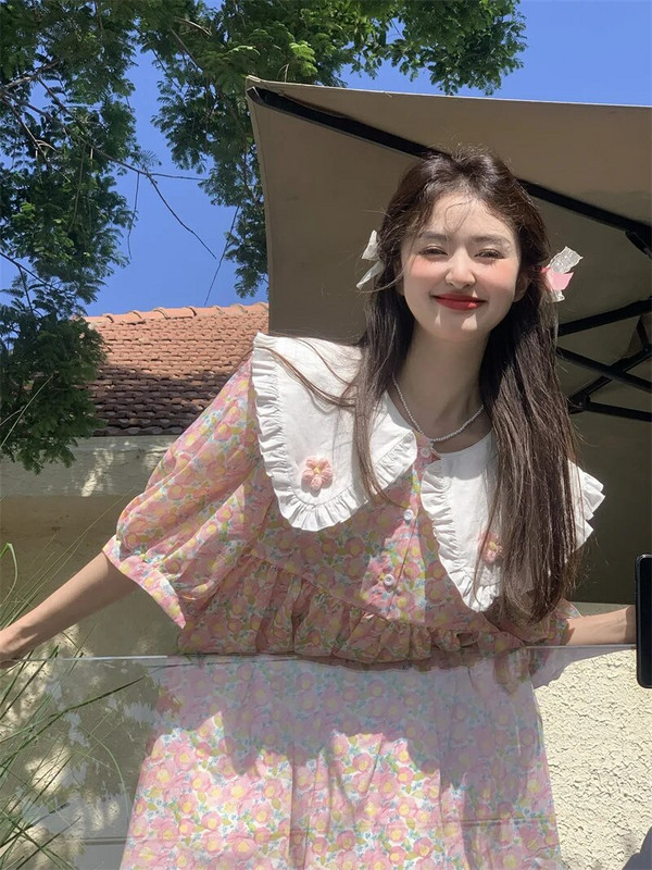 Mīļi, jaunu meiteņu puķaini krekli, liela nolaižama apkakle ar pūšām piedurknēm grūtnieču brīvas blūzes Jauka balles kleita grūtniecei