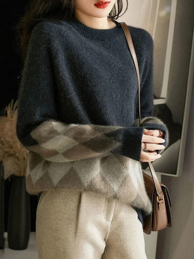 Női téli ruhák, 2023, új kötött karácsonyi pulóver O-nyakú pulóverek, geometrikus, meleg, hosszú ujjú, nagyméretű női pulóverek, felsők