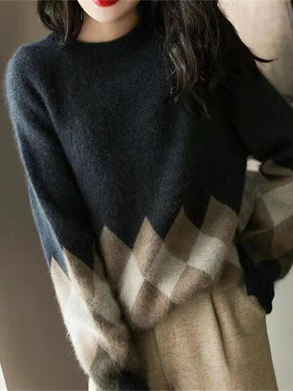 Női téli ruhák, 2023, új kötött karácsonyi pulóver O-nyakú pulóverek, geometrikus, meleg, hosszú ujjú, nagyméretű női pulóverek, felsők