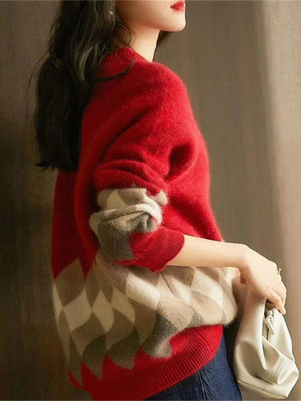Női téli ruhák, 2023, új kötött karácsonyi pulóver O-nyakú pulóverek, geometrikus, meleg, hosszú ujjú, nagyméretű női pulóverek, felsők