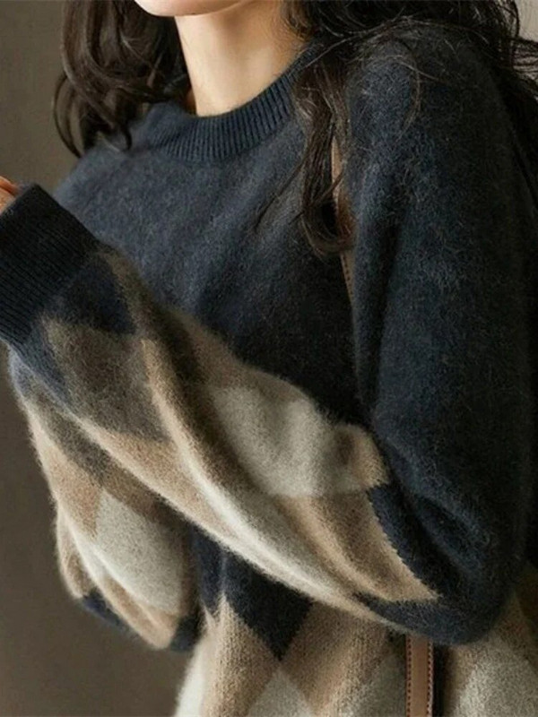 Női téli ruhák, 2023, új kötött karácsonyi pulóver O-nyakú pulóverek, geometrikus, meleg, hosszú ujjú, nagyméretű női pulóverek, felsők