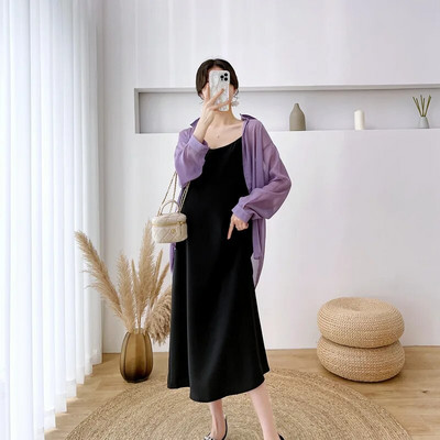 Haljine za trudnice 2 komada ljetne odjeće za trudnice Slip haljina i majica dugih rukava za zaštitu od sunca Vestidos za trudnice