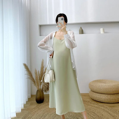 Haljine za trudnice 2 komada ljetne odjeće za trudnice Slip haljina i majica dugih rukava za zaštitu od sunca Vestidos za trudnice