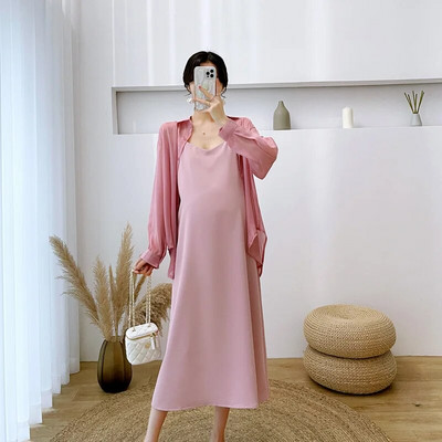 Haljine za trudnice 2 komada ljetne odjeće za trudnice Slip haljina i majica dugih rukava za zaštitu od sunca Vestidos za trudnice