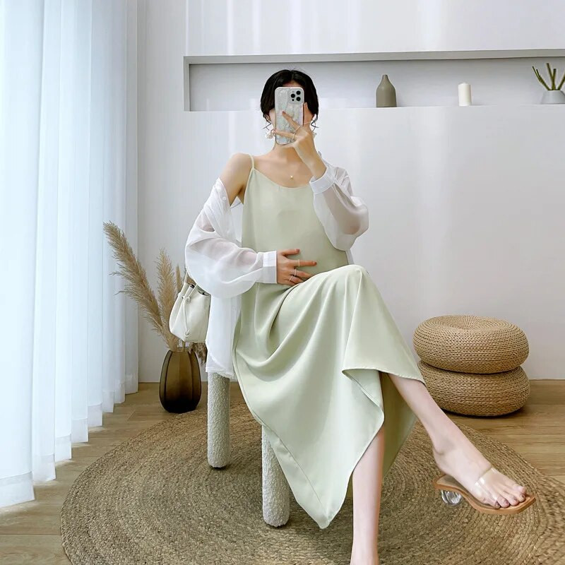 Haljine za trudnice 2 komada ljetne odjeće za trudnice Slip haljina i majica dugih rukava za zaštitu od sunca Vestidos za trudnice