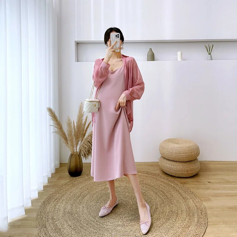 Haljine za trudnice 2 komada ljetne odjeće za trudnice Slip haljina i majica dugih rukava za zaštitu od sunca Vestidos za trudnice