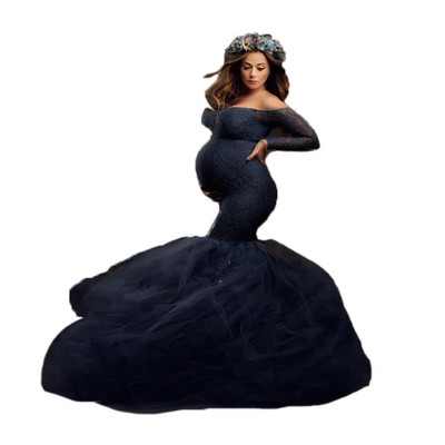 Elegance duge haljine za trudnice od čipke patchwork mreža dugih rukava uska sirena haljina za fotografije Ženska maksi haljina za trudnice