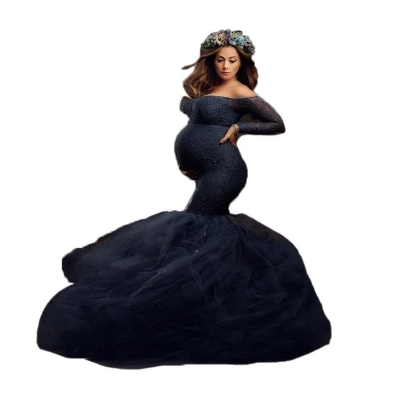 Elegance duge haljine za trudnice od čipke patchwork mreža dugih rukava uska sirena haljina za fotografije Ženska maksi haljina za trudnice