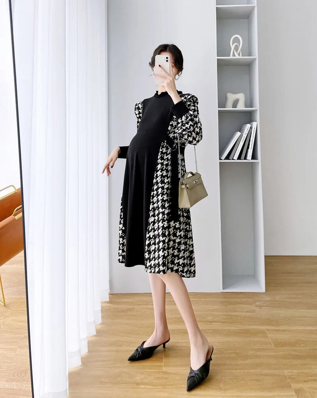 Franču kleita grūtniecēm pavasara drēbes grūtniecēm, 2023. gada jauns modes rūtains raibs, ar O veida kaklu, garām piedurknēm Grūtniecības Vestidos