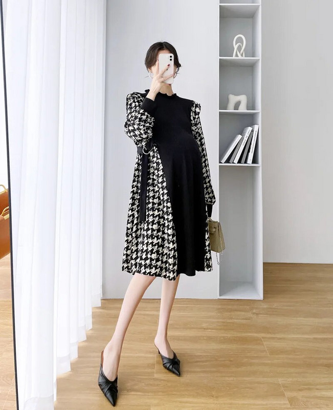 Franču kleita grūtniecēm pavasara drēbes grūtniecēm, 2023. gada jauns modes rūtains raibs, ar O veida kaklu, garām piedurknēm Grūtniecības Vestidos