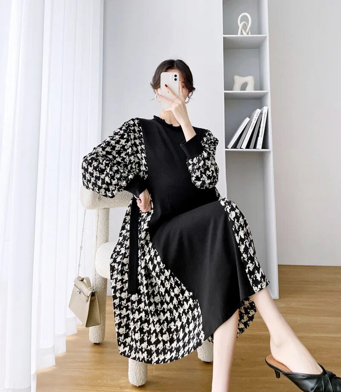 Franču kleita grūtniecēm pavasara drēbes grūtniecēm, 2023. gada jauns modes rūtains raibs, ar O veida kaklu, garām piedurknēm Grūtniecības Vestidos