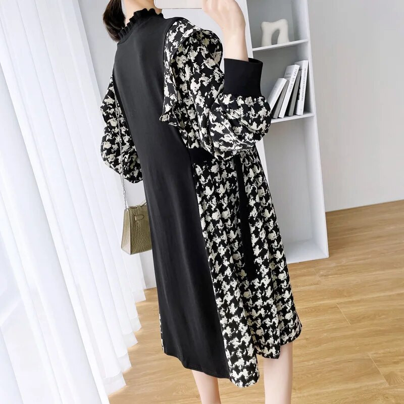 Franču kleita grūtniecēm pavasara drēbes grūtniecēm, 2023. gada jauns modes rūtains raibs, ar O veida kaklu, garām piedurknēm Grūtniecības Vestidos