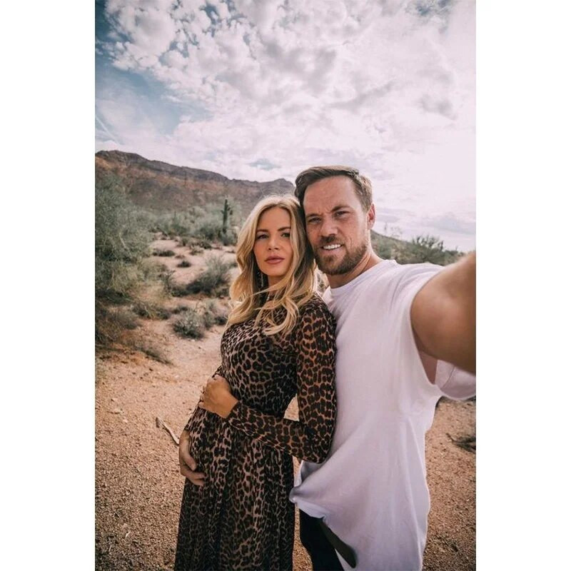 Grūtnieču kleitas ar garām piedurknēm ar augstu kakla leoparda apdruku, volānveida 2022. gada pavasara kleita grūtniecēm Eleganta kopā grūtnieču apģērbi