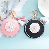 Jaunums! PU ādas mini kabatas 2 pusē salokāms kosmētiskais kosmētikas spogulis, atslēgu turētājs atslēgu piekariņa pušķis, elegants kamēlijas zieds, ballītes dāvana