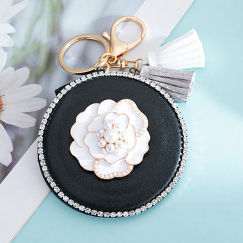 Νέος! Δερμάτινο PU Mini Pocket 2 πλευρών αναδιπλούμενος καλλυντικός καθρέφτης μακιγιάζ, κλειδοθήκη Φούντα μπρελόκ, κομψό λουλούδι Camellia, Δώρο για πάρτι