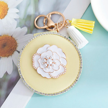 Νέος! Δερμάτινο PU Mini Pocket 2 πλευρών αναδιπλούμενος καλλυντικός καθρέφτης μακιγιάζ, κλειδοθήκη Φούντα μπρελόκ, κομψό λουλούδι Camellia, Δώρο για πάρτι