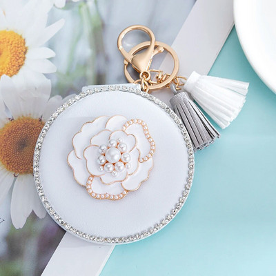 Jaunums! PU ādas mini kabatas 2 pusē salokāms kosmētiskais kosmētikas spogulis, atslēgu turētājs atslēgu piekariņa pušķis, elegants kamēlijas zieds, ballītes dāvana