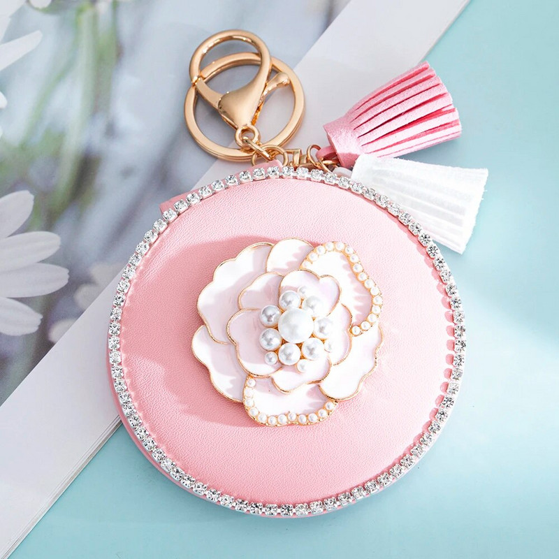 Jaunums! PU ādas mini kabatas 2 pusē salokāms kosmētiskais kosmētikas spogulis, atslēgu turētājs atslēgu piekariņa pušķis, elegants kamēlijas zieds, ballītes dāvana