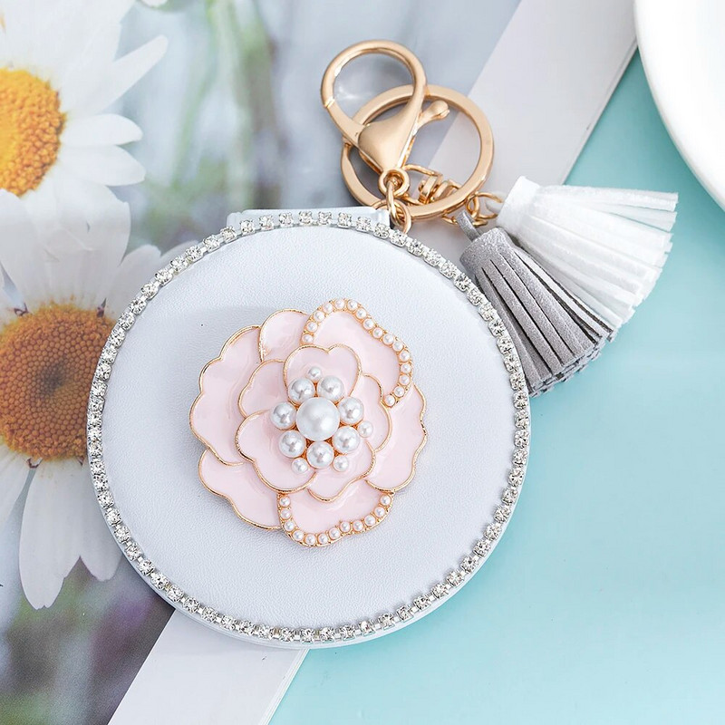 Jaunums! PU ādas mini kabatas 2 pusē salokāms kosmētiskais kosmētikas spogulis, atslēgu turētājs atslēgu piekariņa pušķis, elegants kamēlijas zieds, ballītes dāvana