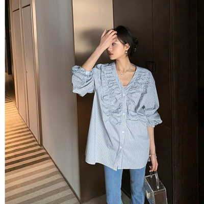 Ljetne prugaste majice za trudnice 2023., dugih rukava, v-izreza, dugmadi, pamučne bluze za trudnice, plisirane slobodne majice za trudnice