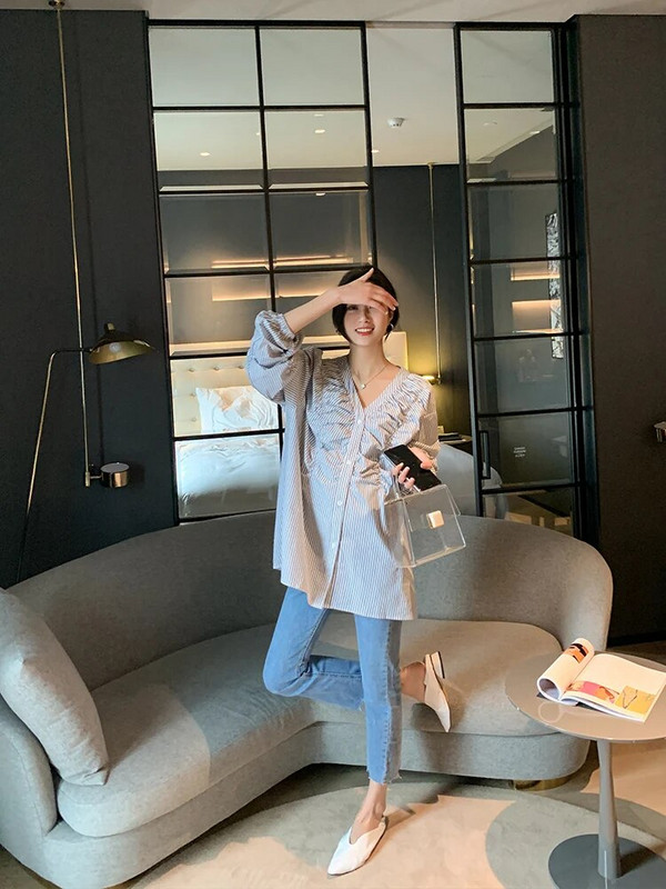 Ljetne prugaste majice za trudnice 2023., dugih rukava, v-izreza, dugmadi, pamučne bluze za trudnice, plisirane slobodne majice za trudnice