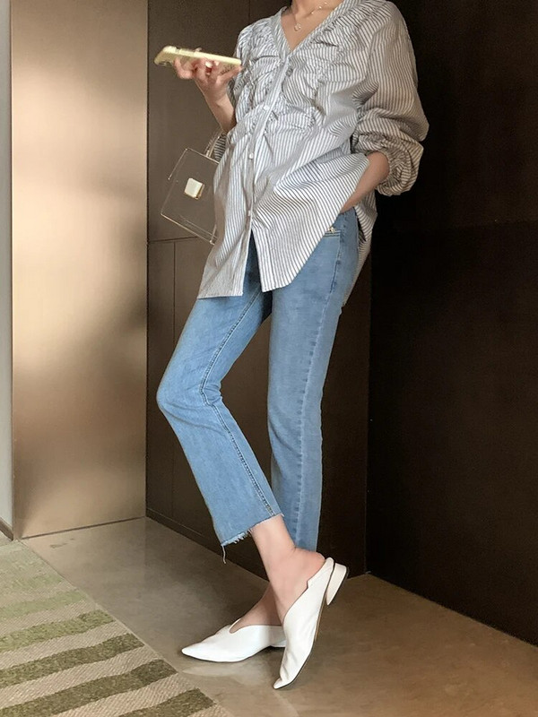 Ljetne prugaste majice za trudnice 2023., dugih rukava, v-izreza, dugmadi, pamučne bluze za trudnice, plisirane slobodne majice za trudnice