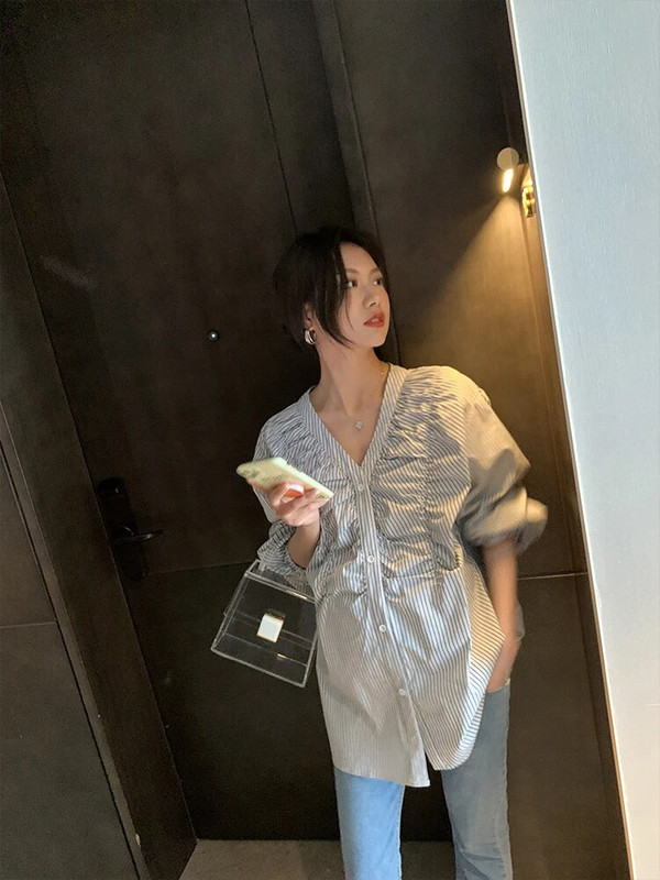 Ljetne prugaste majice za trudnice 2023., dugih rukava, v-izreza, dugmadi, pamučne bluze za trudnice, plisirane slobodne majice za trudnice