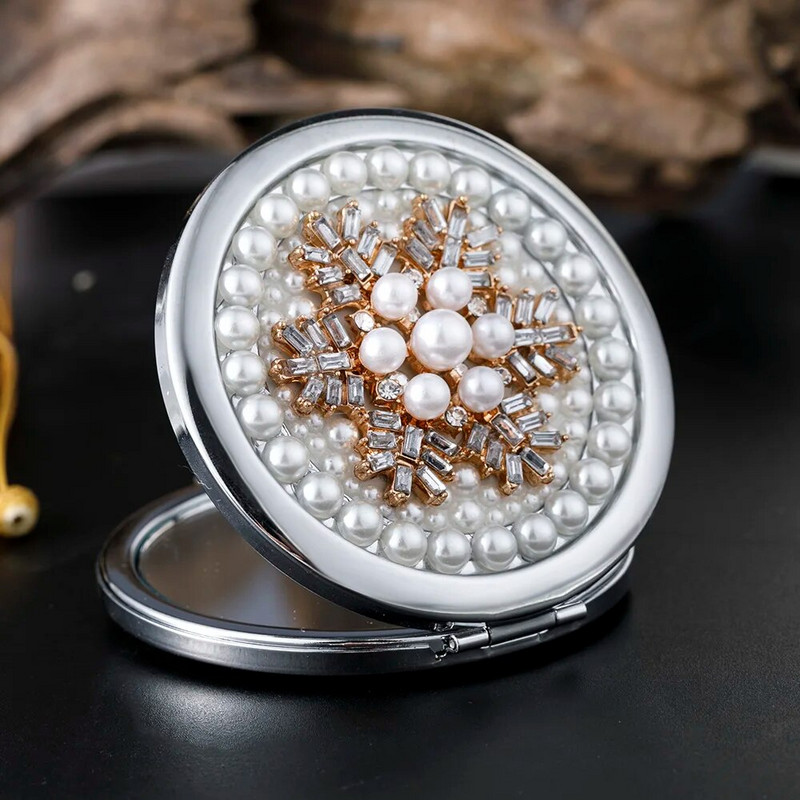 Мини джобно козметично огледало за грим, перлена коледна снежинка, елегантни сватбени новогодишни подаръци, 1:2 огледало за грим с увеличение