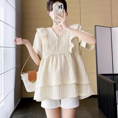 Nova ljetna trudnička bluza s volanima kratkih rukava Košulje za trudnice s V-ovratnikom Prekrasna majica za trudnice Odjeća za mame