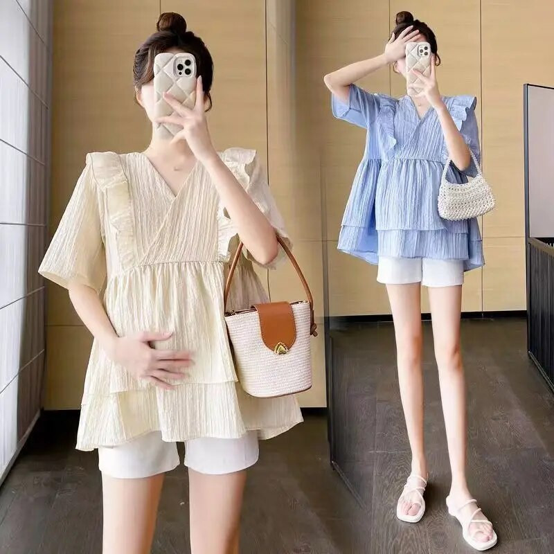 Nova ljetna trudnička bluza s volanima kratkih rukava Košulje za trudnice s V-ovratnikom Prekrasna majica za trudnice Odjeća za mame