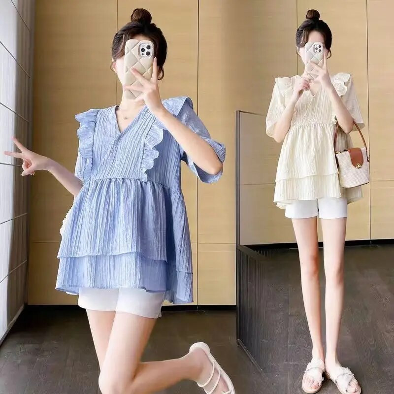 Nova ljetna trudnička bluza s volanima kratkih rukava Košulje za trudnice s V-ovratnikom Prekrasna majica za trudnice Odjeća za mame