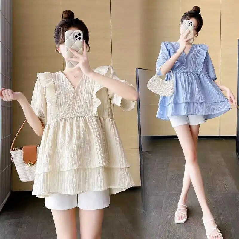 Nova ljetna trudnička bluza s volanima kratkih rukava Košulje za trudnice s V-ovratnikom Prekrasna majica za trudnice Odjeća za mame