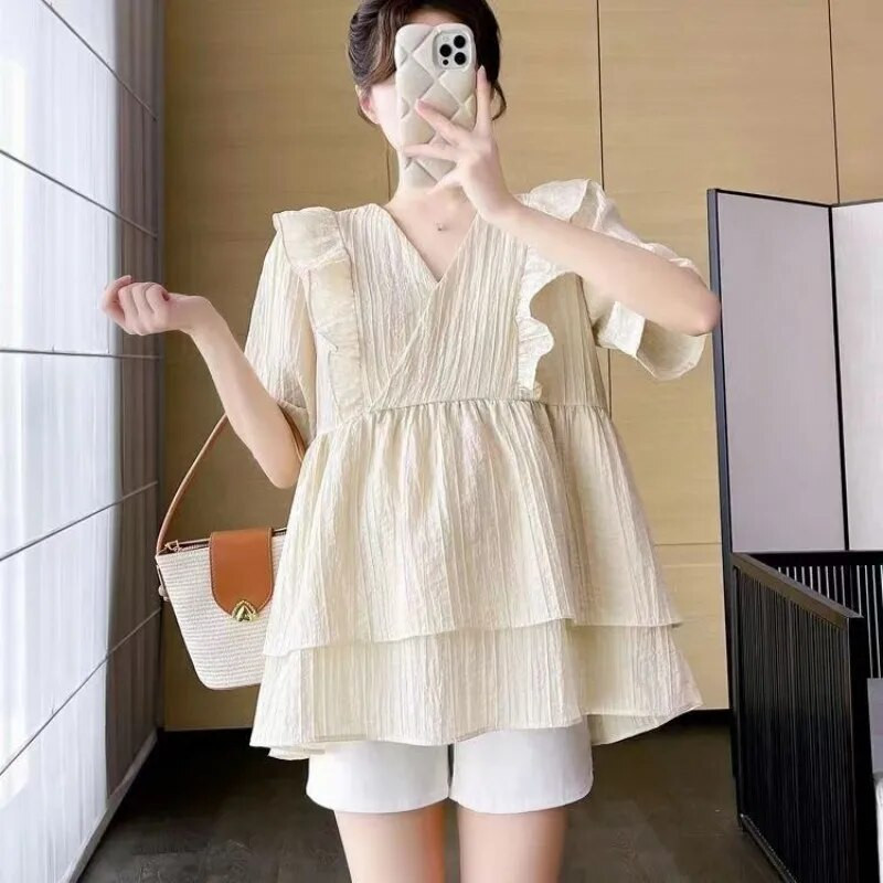 Nova ljetna trudnička bluza s volanima kratkih rukava Košulje za trudnice s V-ovratnikom Prekrasna majica za trudnice Odjeća za mame