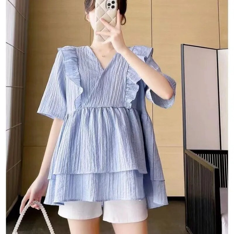 Nova ljetna trudnička bluza s volanima kratkih rukava Košulje za trudnice s V-ovratnikom Prekrasna majica za trudnice Odjeća za mame