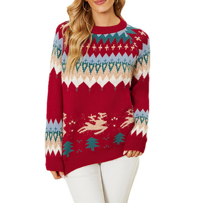 Pleteni gornji pulover širokog kroja, heklani puloveri s otisnutim smeđim uzorkom, božićni stil, ležerna dnevna odjeća s okruglim izrezom